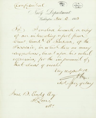 Brief ondertekend door G.V. Fox, Ministerie van Marine, Washington, aan Jas. B. Eads [James B. Eads], St. Louis, Mo., 2 november 1863 door Gustavus Vasa Fox