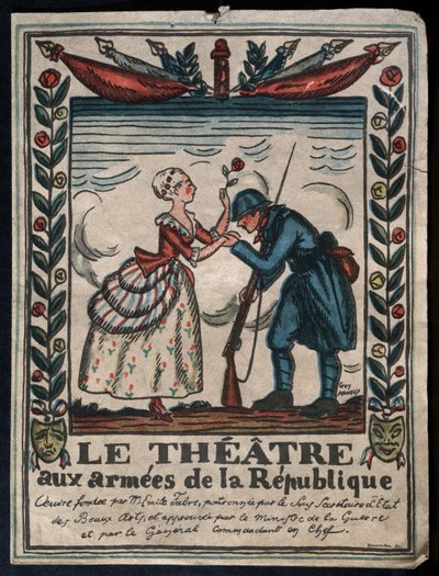 Theater voor de legers van de Republiek, Franse soldaat kust de hand van een actrice door Guy Arnoux