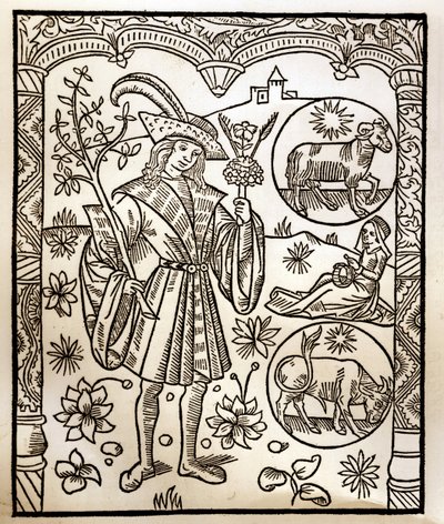 Herderkalender - De Arbeid van de Maanden - April - Houtsnede uit het boek van 1496 gedrukt door Guy Marchant (Guido Mercator) in Troyes - Houtsnede in 
