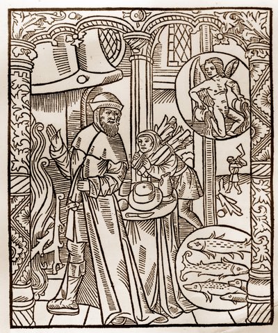 Herderkalender - De Arbeid van de Maanden - Februari - Houtsnede uit het boek van 1496 gedrukt door Guy Marchant (Guido Mercator) in Troyes - Houtsnede in 