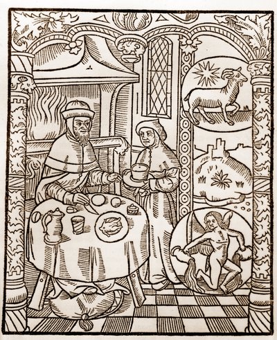 Herderkalender - De Arbeid van de Maanden - Januari - Houtsnede uit het boek van 1496 gedrukt door Guy Marchant (Guido Mercator) in Troyes - Houtsnede in 