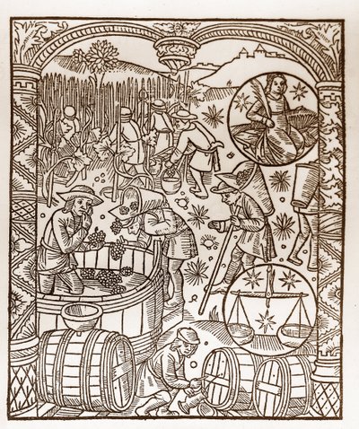 Herderkalender - De Arbeid van de Maanden - Oktober - Houtsnede uit het boek van 1496 gedrukt door Guy Marchant (Guido Mercator) in Troyes - Houtsnede in 