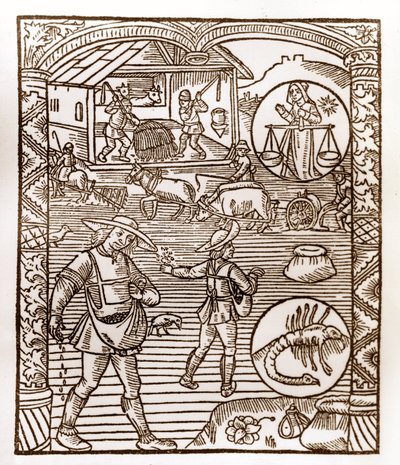 Herderkalender - De Arbeid van de Maanden - September - Houtsnede uit het boek van 1496 gedrukt door Guy Marchant (Guido Mercator) in Troyes - Op de voorgrond, boeren zaaien uit de hand - Houtsnede in 