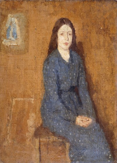 Zittend Meisje met een Gestippelde Blauwe Jurk door Gwen John