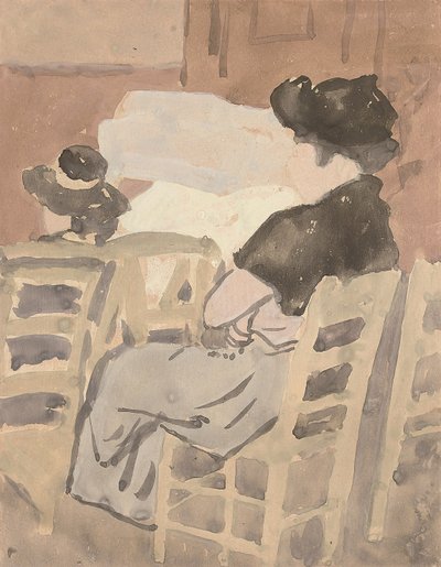 Een vrouw en een jong meisje in een kerkinterieur door Gwen John