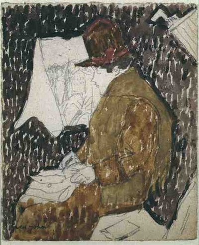 Profiel van een vrouw in een treinwagon door Gwen John