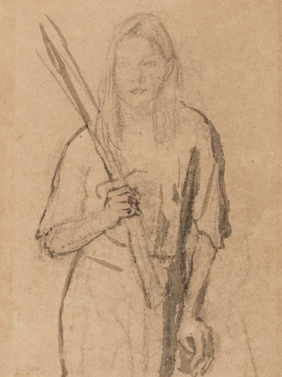 Staand Meisje met houten paal in haar hand door Gwen John