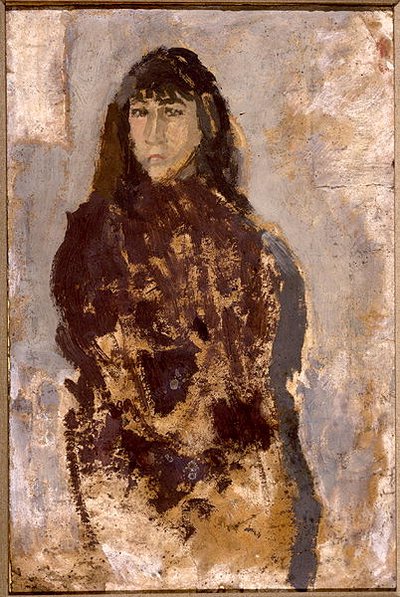 Studie van een jonge vrouw in een moerbeikleurige jurk door Gwen John