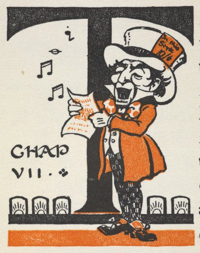 Verlichte letter T met de Gekke Hoedenmaker die zingt van een liedblad door Gwynedd M. Hudson