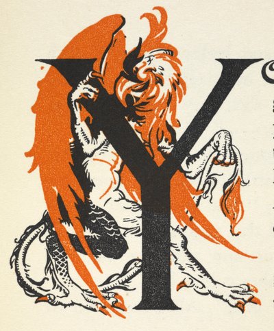 Verlichte letter Y geïllustreerd met de griffioen door Gwynedd M. Hudson