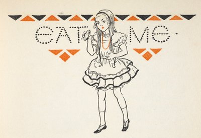 Illustratie van Alice met een klein taartje met de woorden 