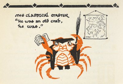 Illustratie van een krab verkleed als leraar met een boek en zweep door Gwynedd M. Hudson