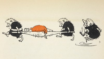 Illustratie van twee egels die een gewonde croquetspeler dragen, gevolgd door een andere huilende egel door Gwynedd M. Hudson