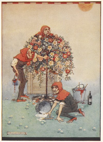De tuinmannen van de Hartenkoningin schilderen de rozen van wit naar rood, uit Alice in Wonderland door Gwynedd M. Hudson