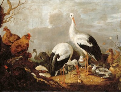 Ooievaars, wilde eenden, kippen, een reiger, een kikker en andere vogels in een rivierlandschap door Gysbert Hondecoeter