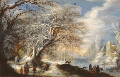 Schaatsers op een kanaal of, Winterlandschap door Gysbrecht Lytens or Leytens