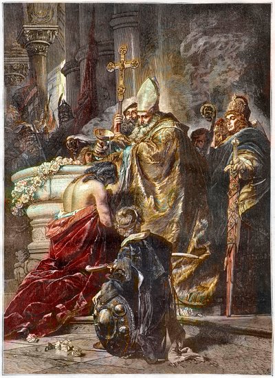De Doop van Sint Stefanus (ca. 970-1038), Heilige en Eerste koning van Hongarije - gedoopt door Sint Adalbert van Praag. Naar een werk van Gyula Benczur - De Hongaarse prins Vajk wordt gedoopt door Sint Adalbert van Praag en neemt de naam Stefanus aan (Sin door Gyula Benczúr