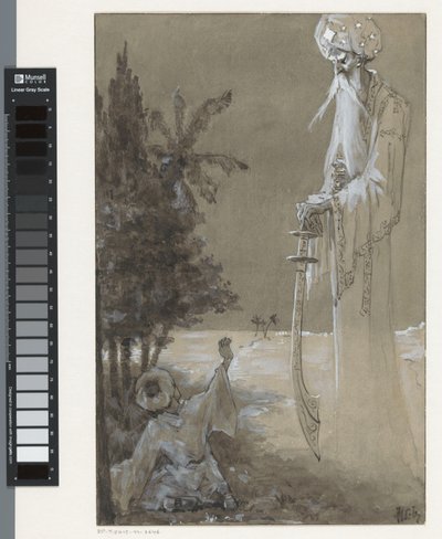 Lange man met baard kijkt neer op een zittende jongen door H.C. Louwerse (signed by artist)