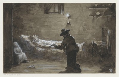 Man knielt bij het bed van een vrouw door H.C. Louwerse (signed by artist)