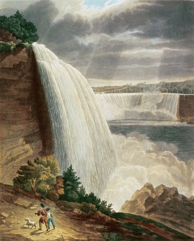 Niagara Falls, deel van de Amerikaanse waterval vanaf de voet van de trap, gegraveerd door J. Hill, uitgegeven door H.L. Megarcy (kleurengraving) door H.J. Bennett