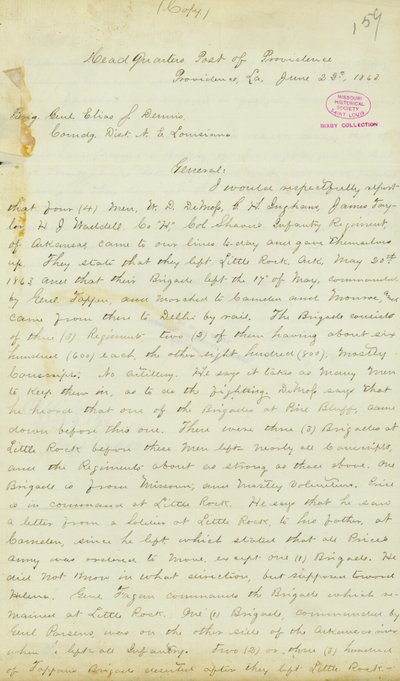 Brief van H. T. Reid, hoofdkwartier, Post of Providence, Louisiana, aan Brigadegeneraal Elias S. Dennis, 22 juni 1863 door H.T. Reid