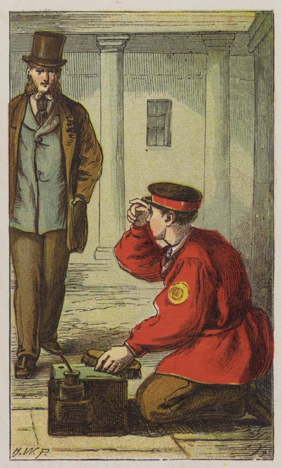 Schoenpoetser (kleur litho) door H.W. (after) Petherick