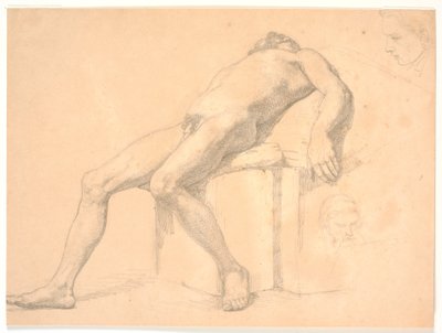 Studie van mannelijke, naakte, achteroverleunende model. Rechts twee portretkoppen, een mogelijk Constantin Hansen door H.W. Bissen