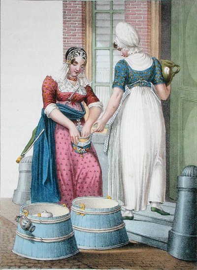 Een Amsterdamse dienstmeid en een lokale melkmeid, illustratie uit Collections des Costumes des Provinces Septentrionales du Royaume des Pays Bas... gegraveerd door Villeneuve door H. (after) Greeven