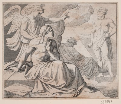Allegorisch blad. Een engel legt zijn hand op de schouder van een man en wijst naar een standbeeld door H. C. Henneberg