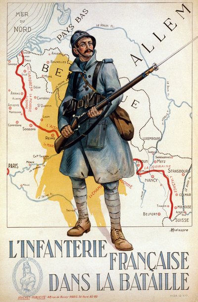 Franse infanterie in gevecht (de rode lijn vertegenwoordigt de Hindenburglinie) - ill. door H. Delaspre door H. Delaspre