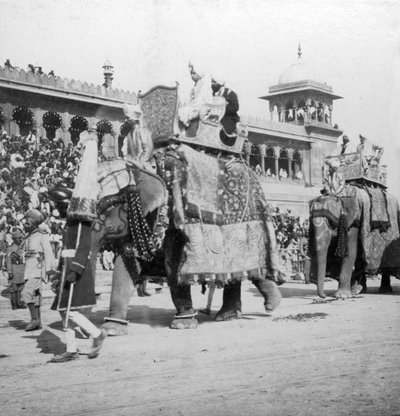 Een olifantenprocessie die langs de Jumma Masjid trekt, Delhi, India, 1900s door H. Hands and Son