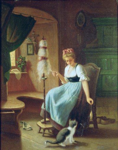 Meisje aan een spinnewiel door H Harcourt
