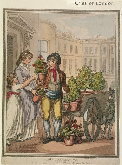 Alles groeit, groeit, hier zijn bloemen voor je tuinen, plaat VI van Cries of London, 1799 door H Merke