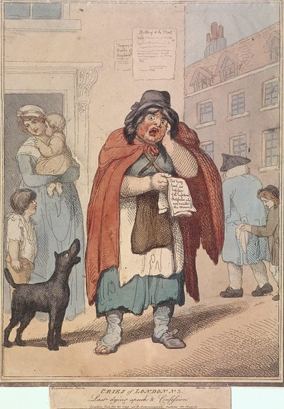 Laatste stervende toespraak en Bekentenis, plaat III van Cries of London, 1799 door H Merke