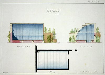 Ontwerp voor een broeikas met gebogen glazen wanden en dak, uit een folio van originele tekeningen in klassieke en vroege Belle-Epoque stijlen, ca. 1870 door H. Monnot