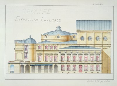 Zijaanzicht van een Theater, plaat VII uit een folio van ontwerpen, ca. 1870 door H. Monnot