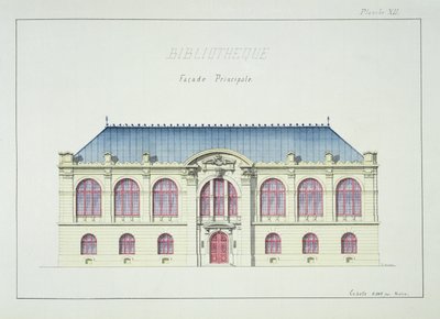 Hoofdfaçade van een Bibliotheek, plaat XII uit een folio van ontwerpen, ca. 1870 door H. Monnot