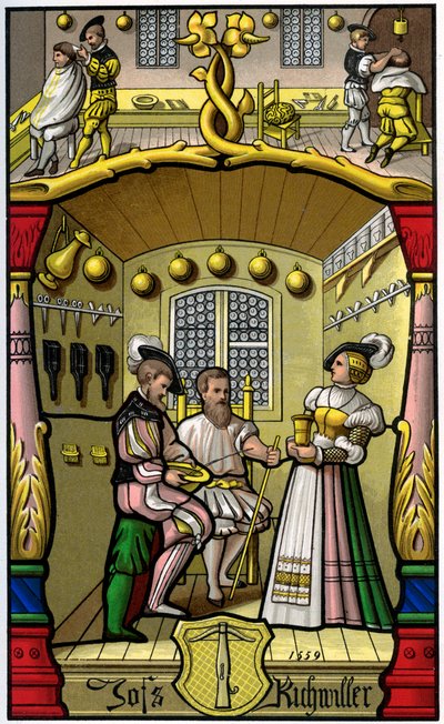 Barbier en pruikenmaker, 16e eeuw 1849 door H. Moulin