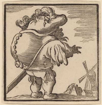 Gebochelde die naar een windmolen kijkt door H. Numan after Jacques Callot