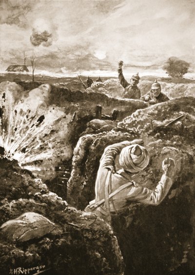 Luitenant De Pass bombardeert de vijand na het binnengaan van een van hun sappen door H. Ripperger