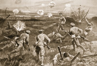 Sergeant H. Wells leidt een peloton naar de Duitse prikkeldraadversperringen nadat zijn officier was gedood door H. Ripperger