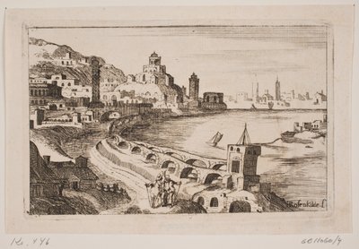 Rivierbank met oosterse stad door H. Rosenkilde