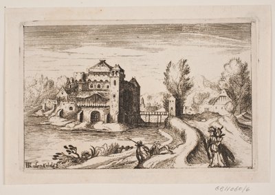 Rivierlandschap met kasteel op een heuvel door H. Rosenkilde