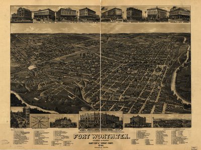Kaart van Fort Worth (niet op schaal). Vogelvlucht. Inclusief illustraties, index van bezienswaardigheden en kaart van Fort Worth spoorwegfaciliteiten door H. Wellge