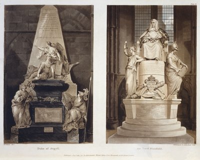 Grafmonumenten van de hertog van Argyll en Lord Mansfield, plaat 56 uit Westminster Abbey, gegraveerd door Williamson en Thomas Sutherland, pub. door Rudolph Ackermann (1764-1834) 1811 door H. after Villiers
