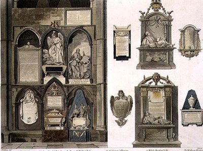Westzijde van Poets Corner, plaat 25 uit Westminster Abbey, gegraveerd door J. Bluck (fl.1791-1831) pub. door Rudolph Ackermann (1764-1834) 1811 door H. after Villiers