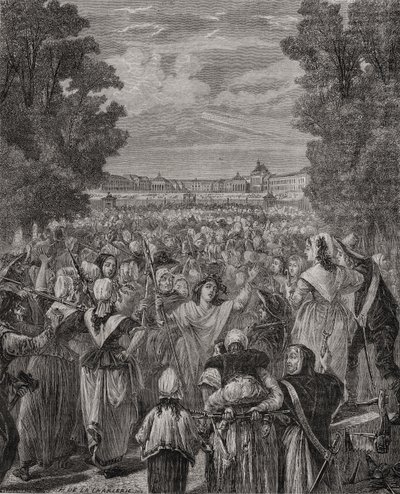 De vrouwen marcheren naar Versailles, 5-6 oktober 1789, gegraveerd door Pannemaker-Ligny, uit 