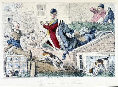 Gevecht tussen een boer en een jager. Engelse karikatuur over de vossenjacht uit de "avonturen van Thomas Scott of Hawbuck Grange", illustratie door H.K. Browne en W.T. Maud. door Hablot Knight Browne