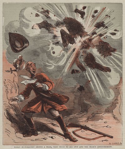Baron Munchausen schiet een beer, tot grote verbazing van zichzelf en de beer door after Hablot Knight Browne
