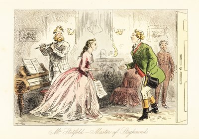 Engelse heer wordt binnengeleid in een salon voor een muzikale avond door after Hablot Knight Browne